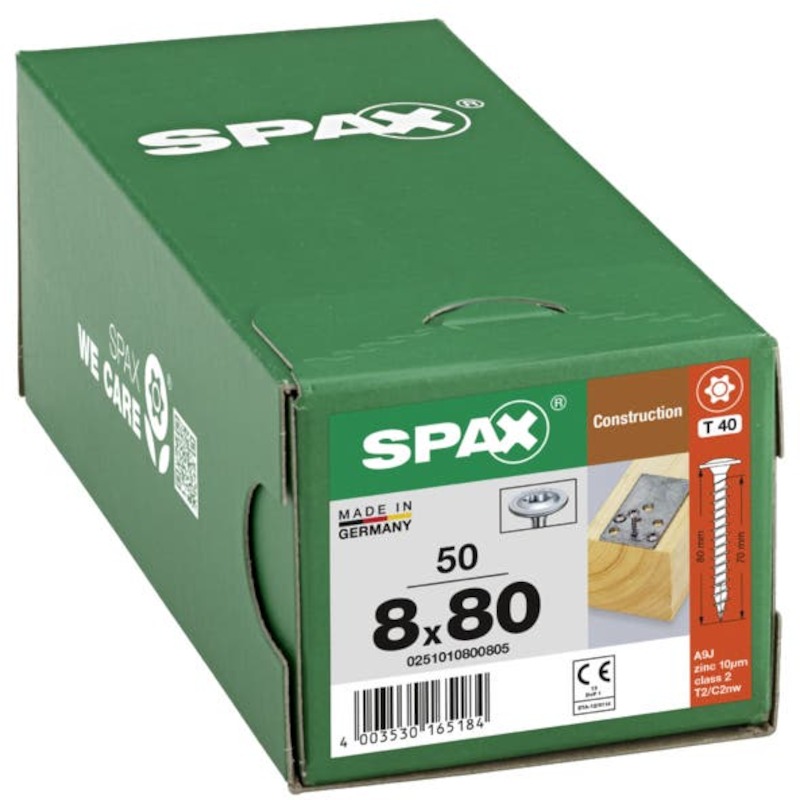 Spax - timber construction screw - washer head - t-star plus T40 - full thread - ø 8 x 80 mm - Wirox - steel - 50 pieces - 02822298