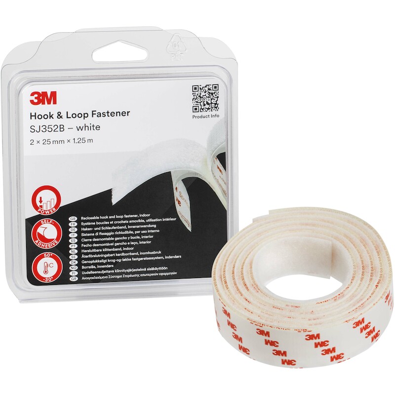 3m - Self-adhesive hook and loop tape - SJ352B - white - 25 mm x 1.25 m - 4.4 mm - 02960116