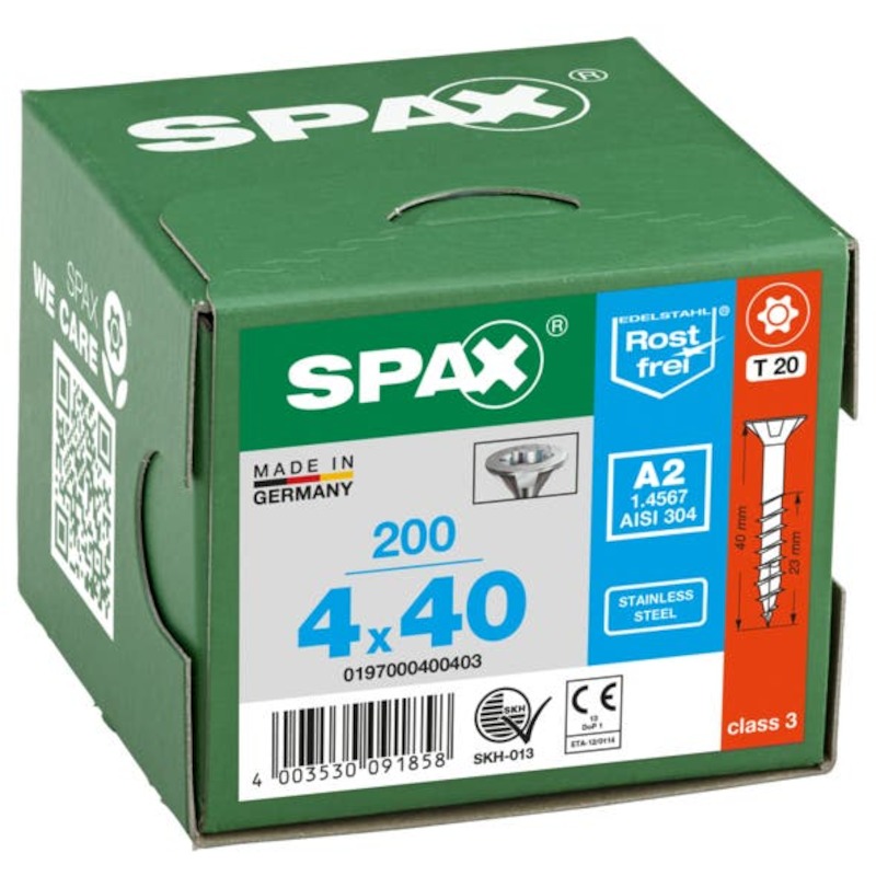 Spax - vis pour panneau d'aggloméré - tête fraisée - t-star plus T20 - filetage partiel - 4 x 40 mm - inox A2 - 02339165
