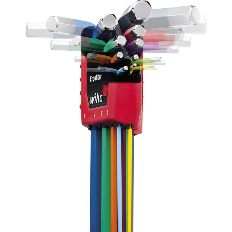 JEU DE CLÉS MÂLES EN ÉTUI ERGOSTAR SIX PANS À TÊTESPHÉRIQUE 10 PCS, LUMINEUX EN COULEUR - 369E9F -WIHA