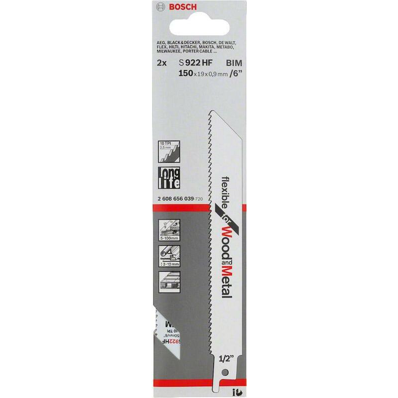 Bosch - Reciprocating saw blade - s 922 hf - Flexible for Wood and Metal - bim - 150 x 0.9 mm - 10 tpi - 2 pieces - 01048668