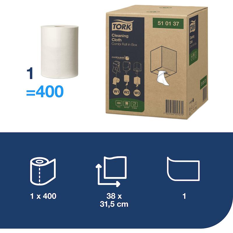 Tork - Cleaning cloth combi roll - 510137 - W1/W2/W3 - 32 x 38 cm - 152 m - 400 pcs - white - 93010215