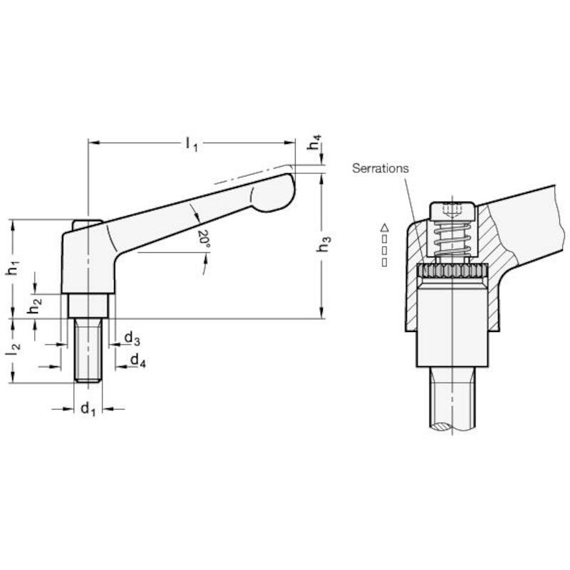 KLEMHENDEL VERSTELBAAR ZW.  300.1-45-M6-20-SW