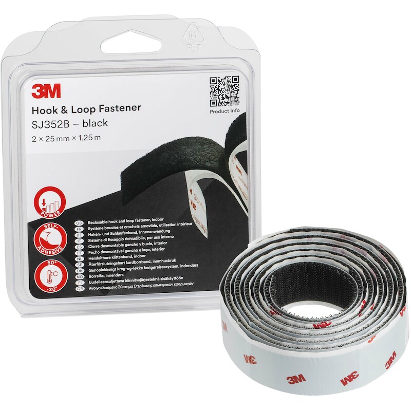 3m - Self-adhesive hook and loop fastener - SJ352B - Black - 25 mm x 1.25 m - 4.4 mm - 02960109