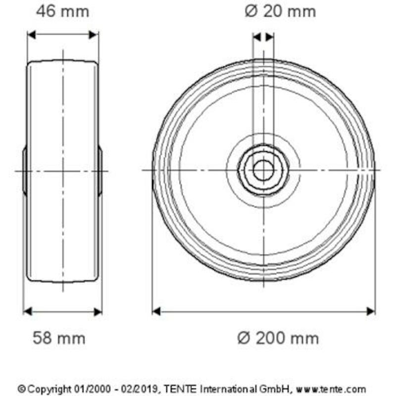 ROUE NYL/PU MOB.ROUGE 500KG UAR200X50-Ø20    TENTE