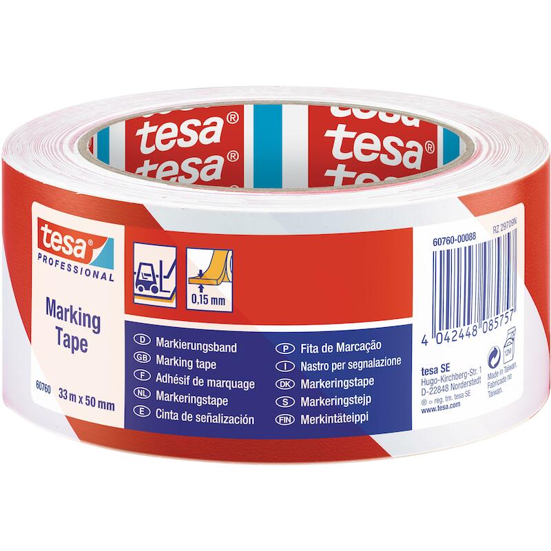 KLEEFBAND - TESA 60760 HAZARD WARNING + FLOORMARKING ZACHT PVC - ROOD-WIT 50 MM X 33 M