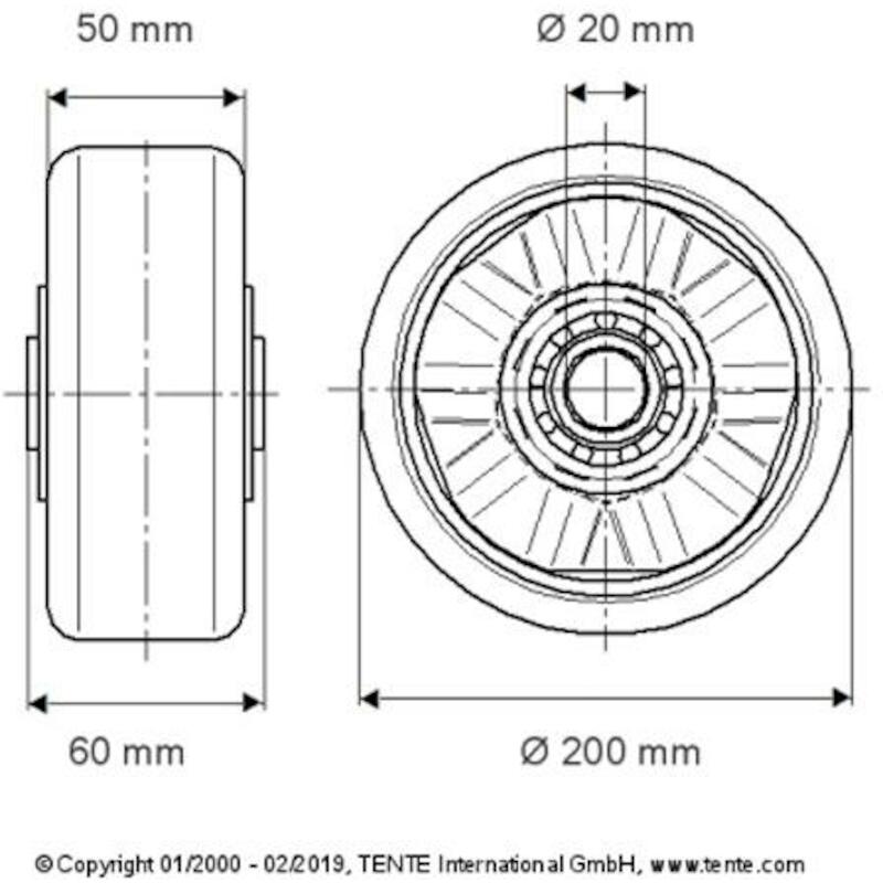 ROUE PU/ALU MOB. 800KG      ITP200X50-DIA20  TENTE