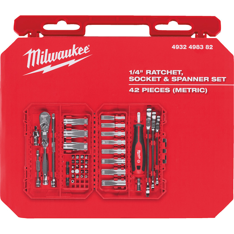 Milwaukee - Coffret de douilles et cliquets - 1/4" - Four Flat - Packout-ready - 42 pièces - 4932498382 - 08119217