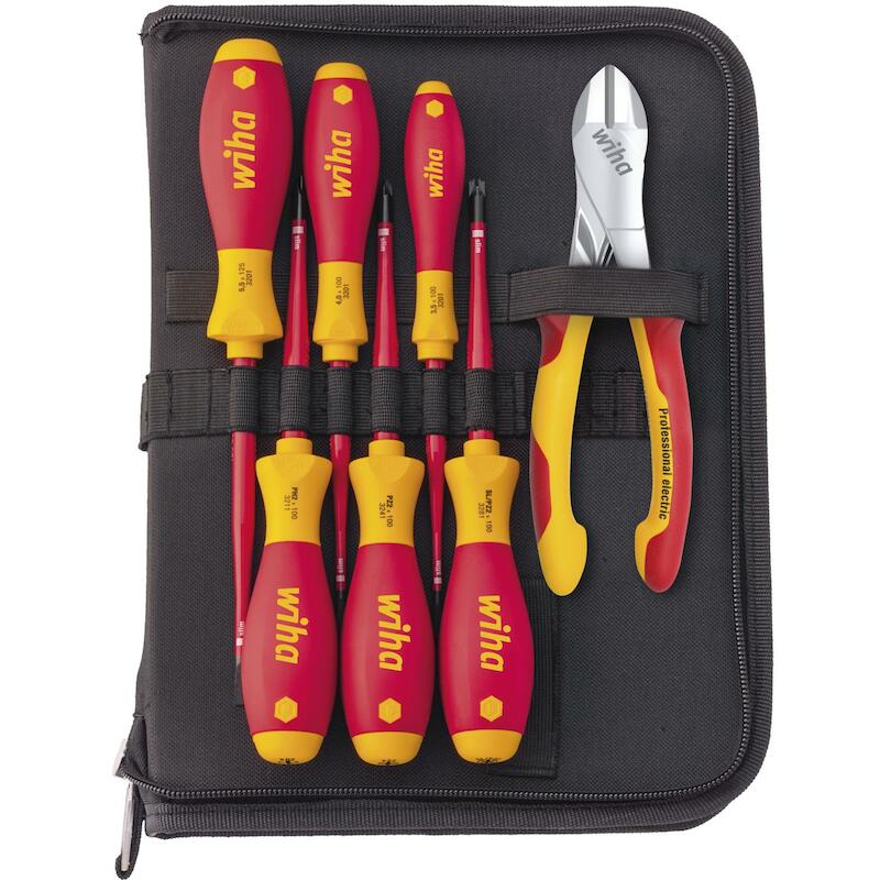 GEREEDSCHAPSET ELEKTRICIEN SCHROEVENDRAAIER, KRACHTZIJKNIPTANG 8-DELIG INCL. GEREEDSCHAPETUI - 9300031 - WIHA