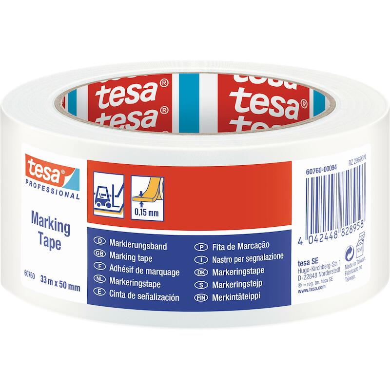 KLEEFBAND - TESA 60760 HAZARD WARNING + FLOORMARKING ZACHT PVC - WIT 50 MM X 33 M
