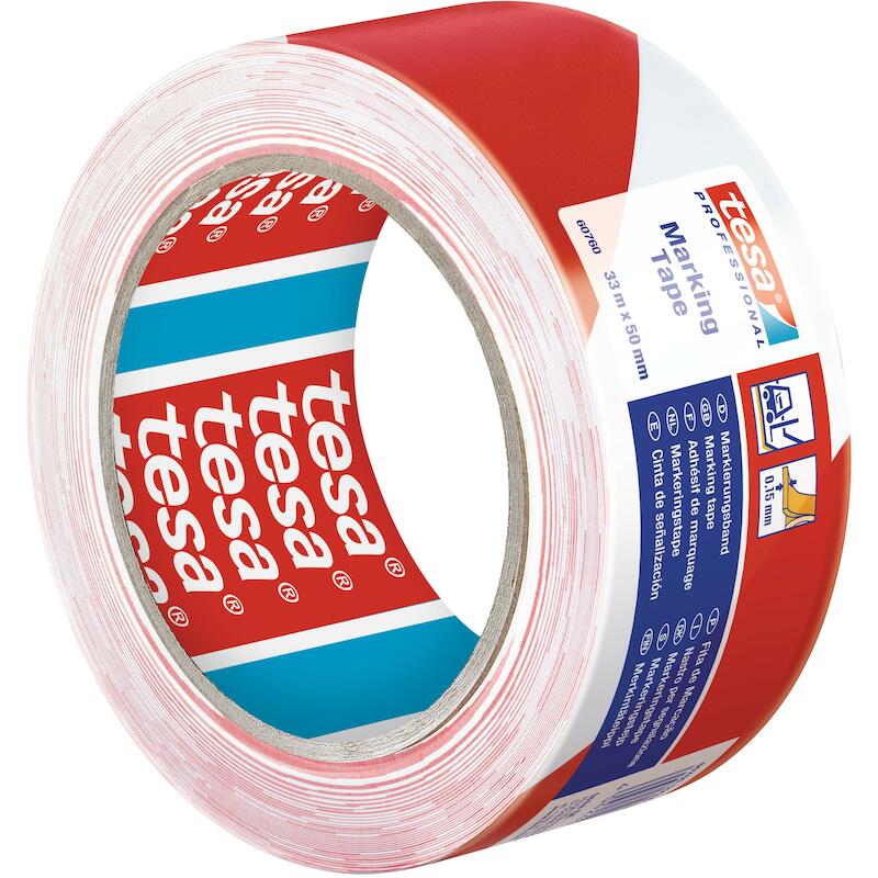 KLEEFBAND - TESA 60760 HAZARD WARNING + FLOORMARKING ZACHT PVC - ROOD-WIT 50 MM X 33 M