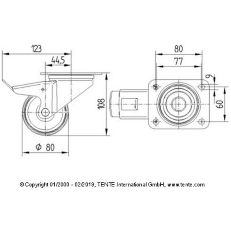 ROUE NYL. PIV/FREIN 200KG   3477-UOO-080-P62 TENTE