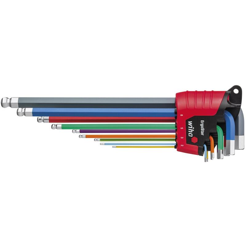 JEU DE CLÉS MÂLES EN ÉTUI ERGOSTAR SIX PANS À TÊTESPHÉRIQUE 10 PCS, LUMINEUX EN COULEUR - 369E9F -WIHA