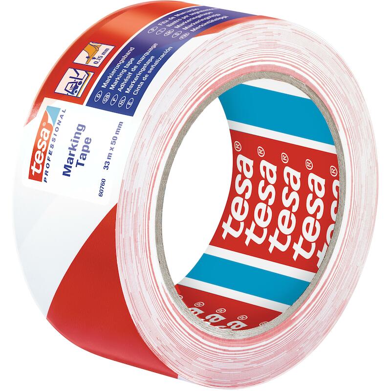 KLEEFBAND - TESA 60760 HAZARD WARNING + FLOORMARKING ZACHT PVC - ROOD-WIT 50 MM X 33 M