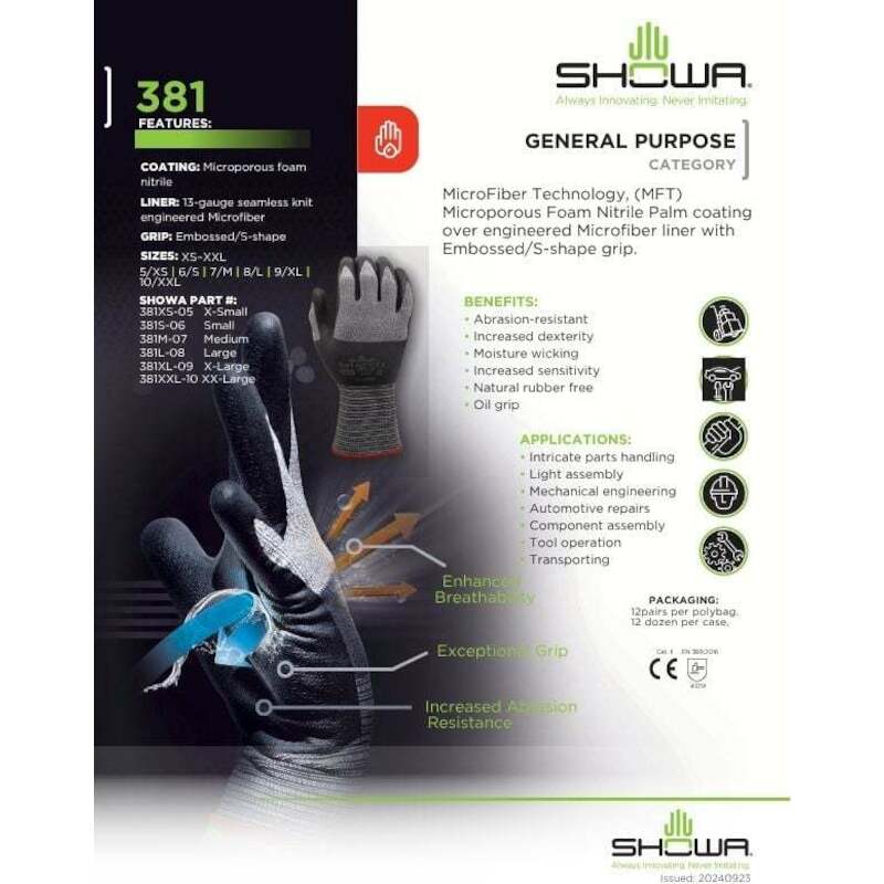 Showa - Werkhandschoen - 381 - Microporeus nitril - Maat 9/XL - en 388: 2016 4121X - 03387465