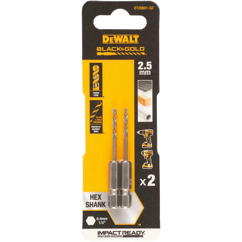 FORÉT MÉTAUX HSS 2,5X60(2PC)DT20601-QZ HEX 1/4"DEW