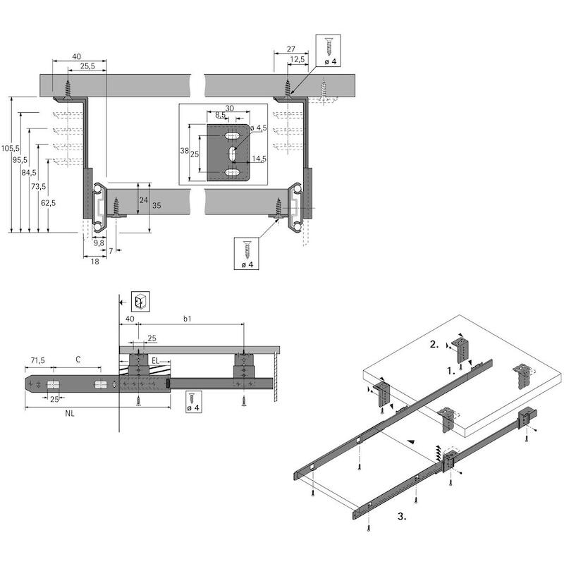 HETTICH 077801 KA3434 TOETSENBORDGELEIDER   350MM