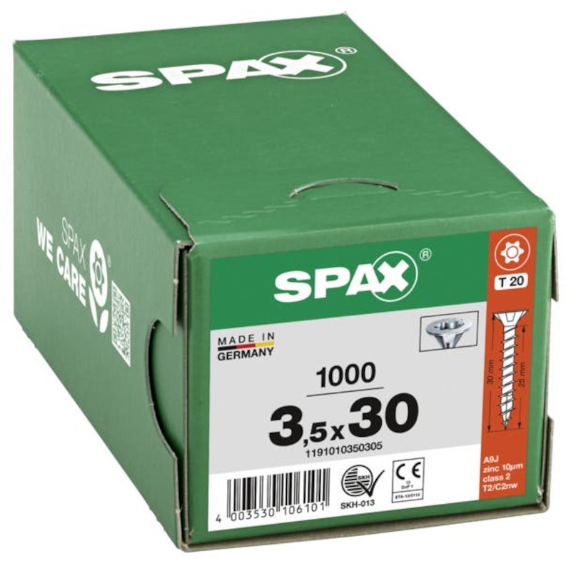 Spax - Vis pour panneaux d'aggloméré - Tête fraisée multikop - t-star plus T20 - Filetage total - 3,5 x 30 mm - Acier zingué wirox - 02338545