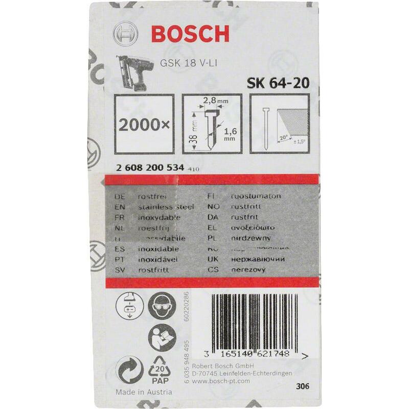 Bosch - Clou de finition à tête fraisée - SK64-20 - 1,8 x 38 mm - 20° - Acier inoxydable - 2000 pièces - 02789801