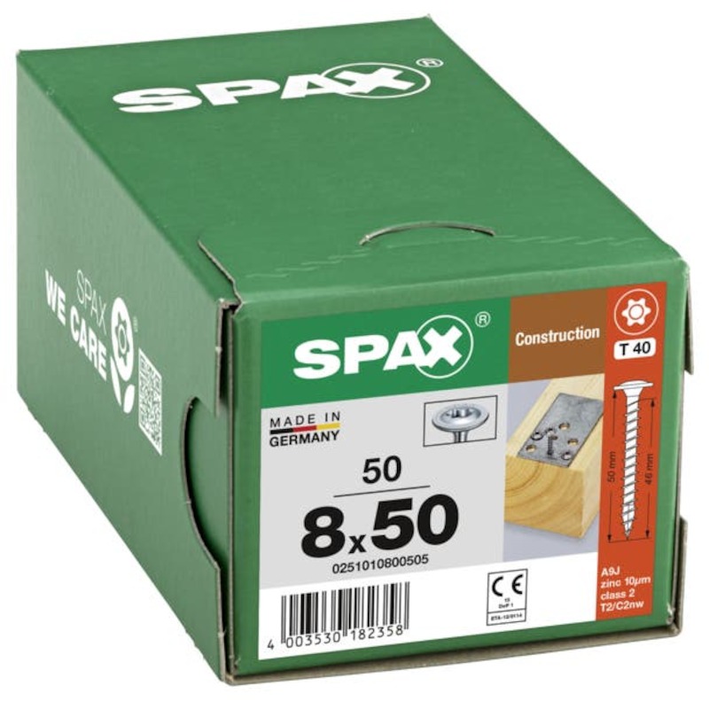 Spax - timber construction screw - washer head - full thread - t-star plus T40 - ø 8 x 50 mm - Wirox - steel - 03153600