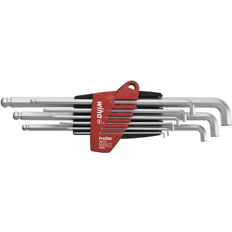 JEU DE CLÉS MÂLES EN ÉTUI PROSTAR SIX PANS À TÊTESPHÉRIQUE AVEC TÊTE COURTE 10 PCS CHROMÉ MAT - 369TS9 - WIHA