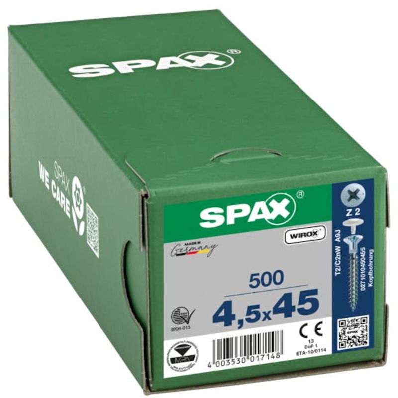 SPAANDERPLAATSCHROEF - SPAX S - VERZONKEN PZ2 VOLLE DRAAD 4,5X45 MM VERZINKT (500 EA)