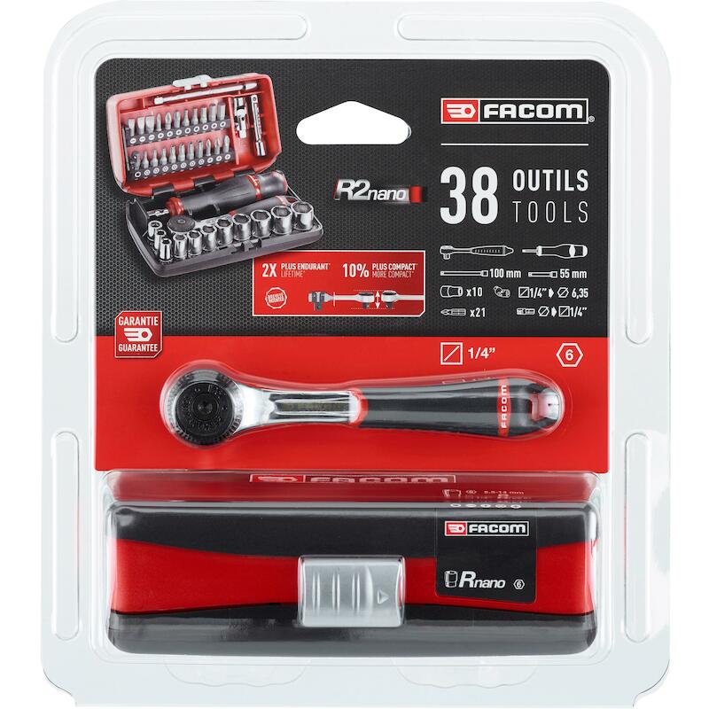 Facom - R2NANOPB - coffret de douilles - 1/4" - 6 pans - métrique - avec cliquet R.161 - 38 pièces - 03172360