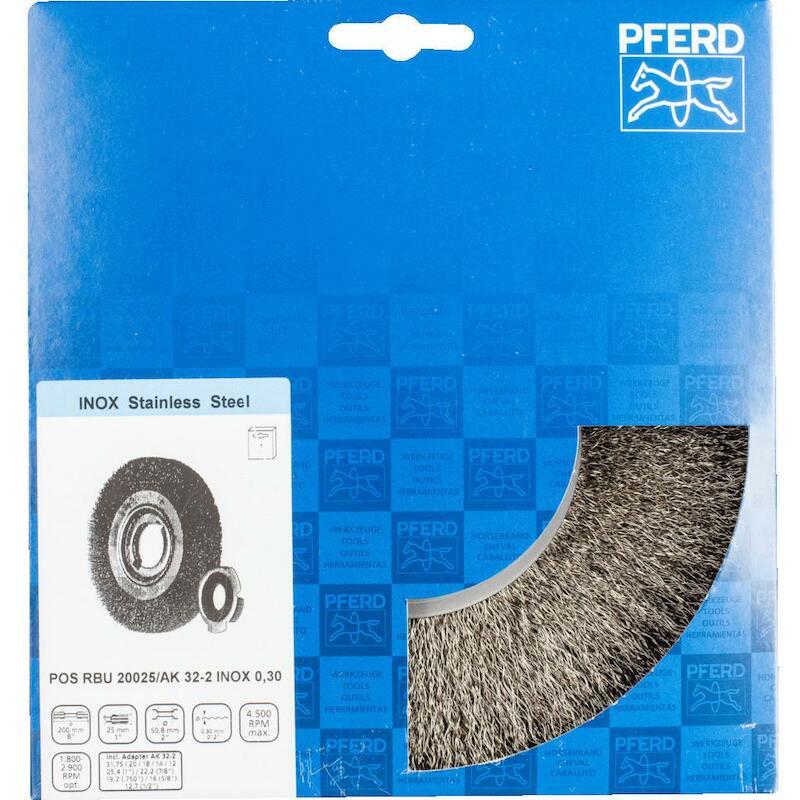 Pferd - Brosse circulaire pour touret - pos rbu 20025/AK 32-2 - Inox - Ondulée - ø 200 x 25 mm - Fil ø 0,30 mm - 08078057